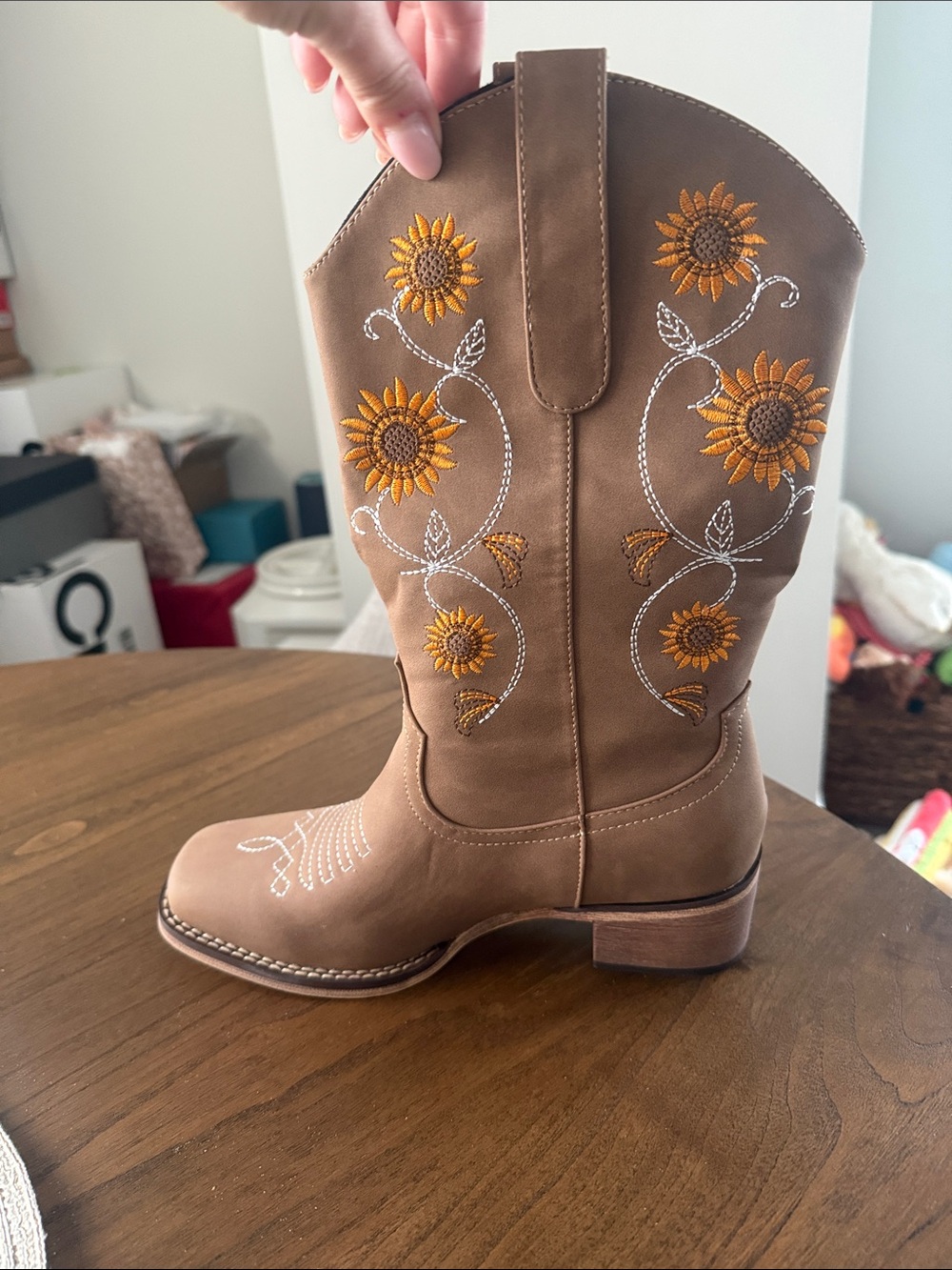 Tan Western Boot with Sunflower Embroidery
